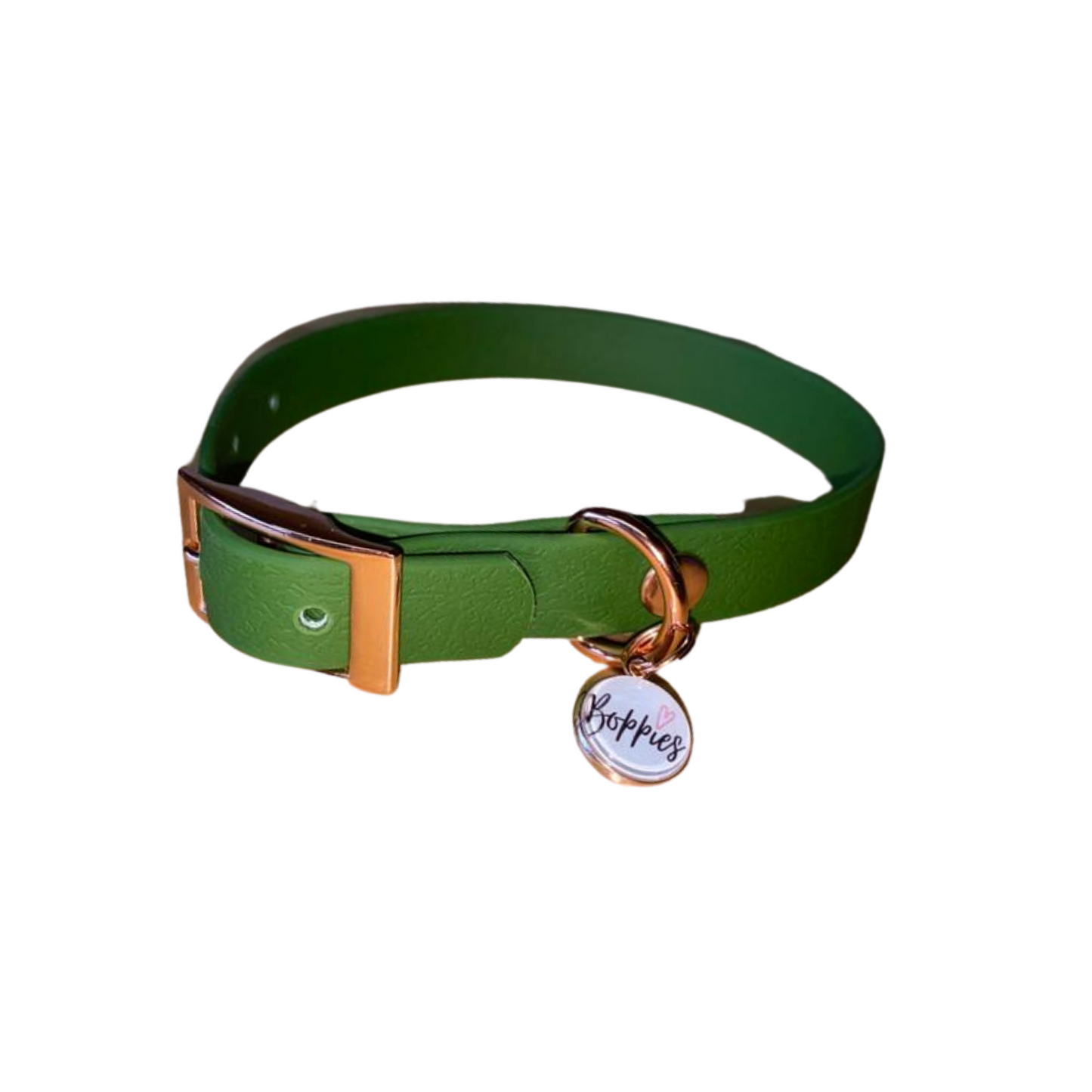Olive green waterproof dog collar with rose gold hardware