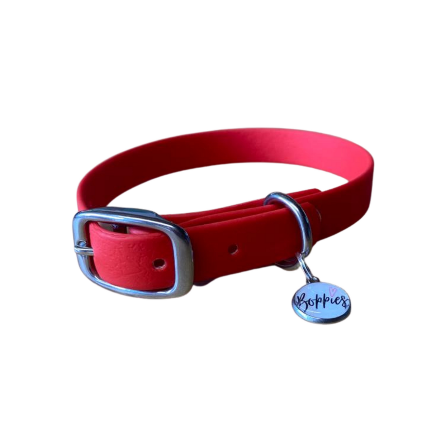 Red waterproof dog collar with silver hardware.